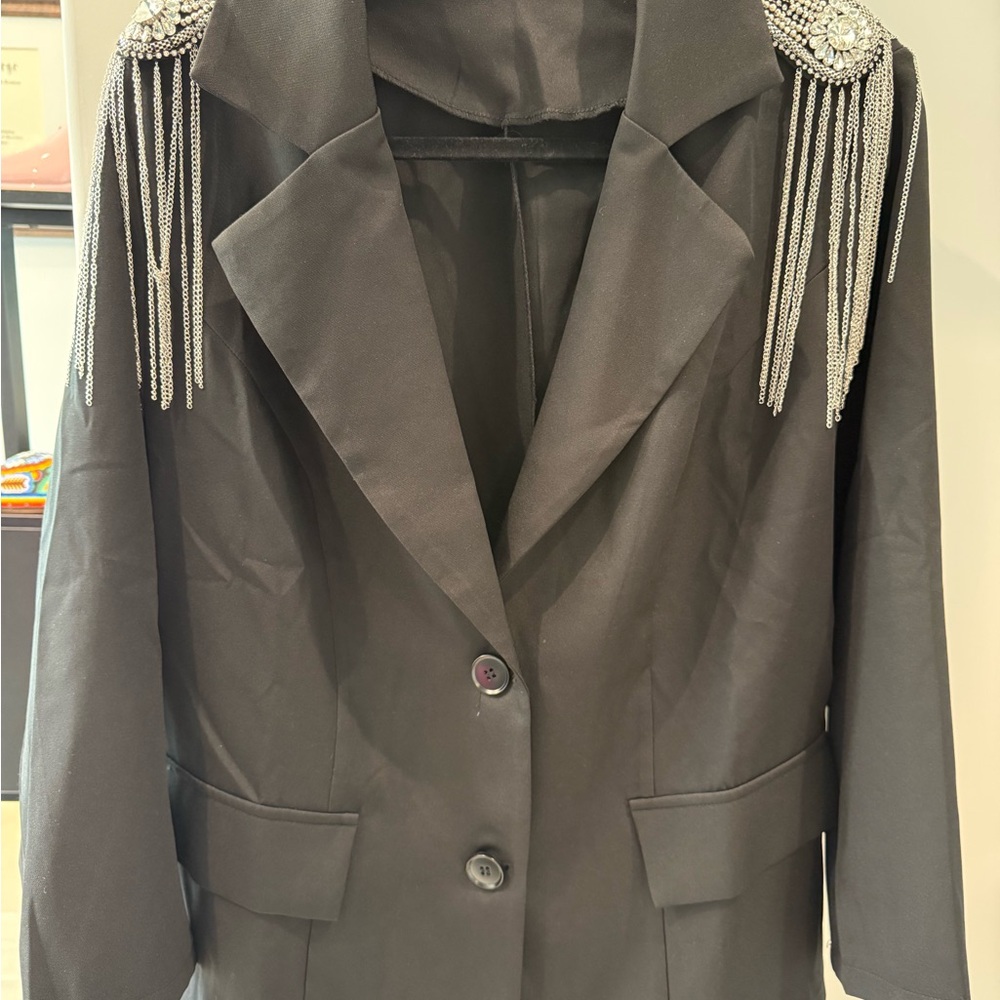 SHEIN Black Blazer with Silver Fringe Details